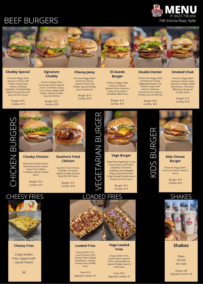 Menu, Chubby Buns Burgers Ryde