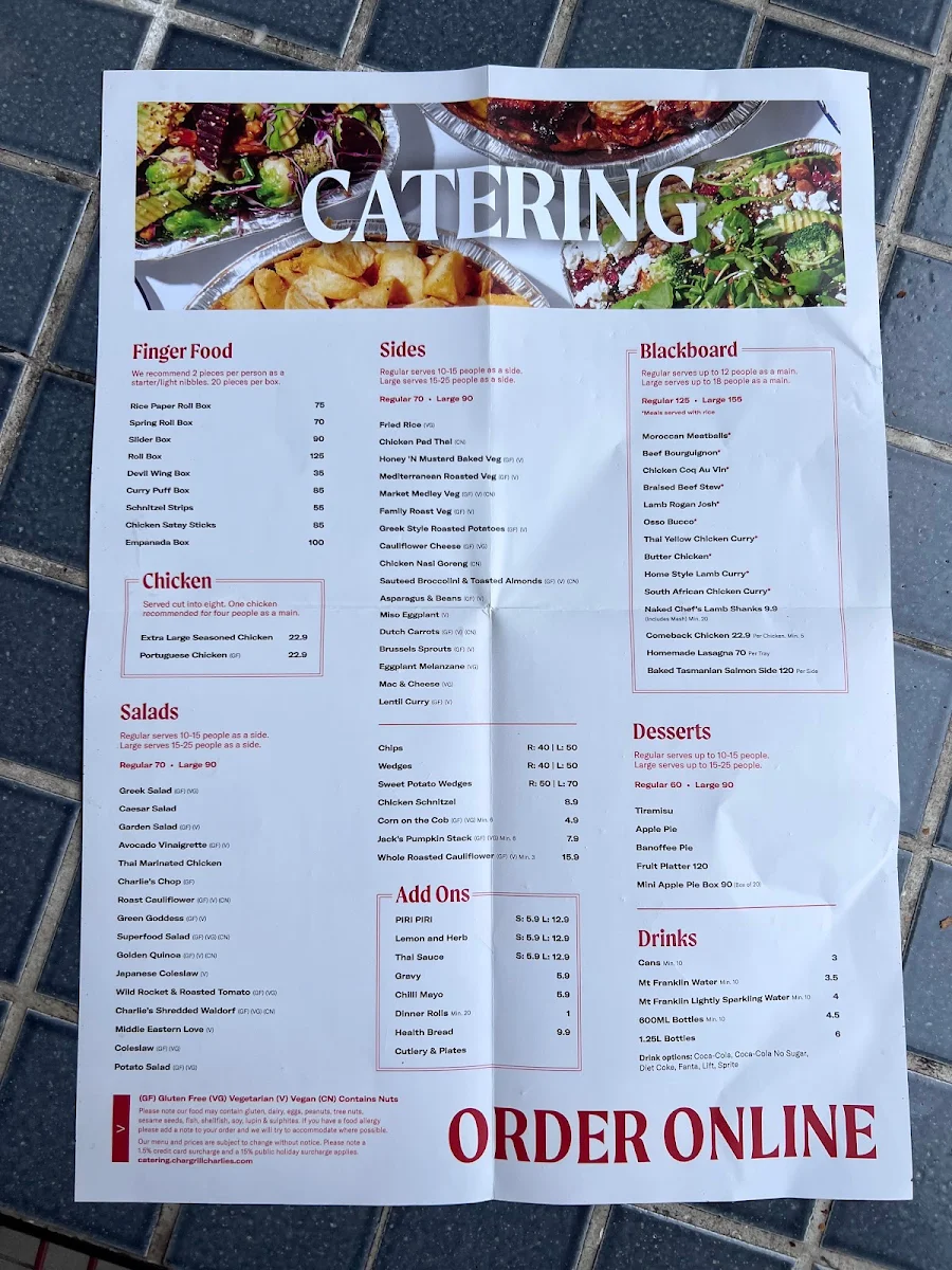 Menu, Chargrill Charlie's Mona Vale