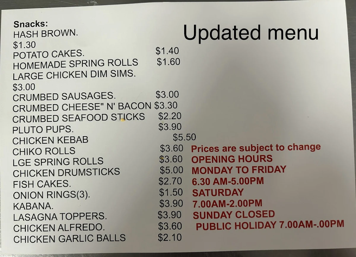 Menu, Milton Street Mini Mart & Takeaway