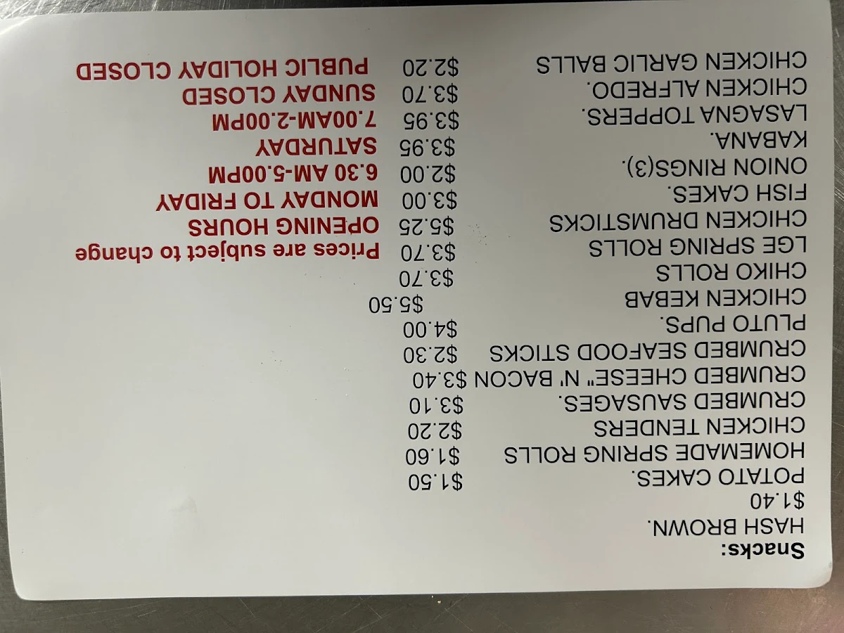 Menu, Milton Street Mini Mart & Takeaway