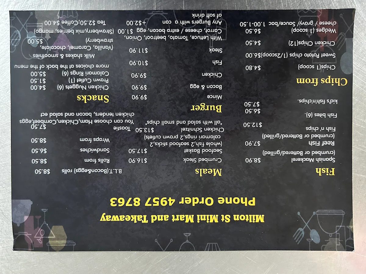 Menu, Milton Street Mini Mart & Takeaway
