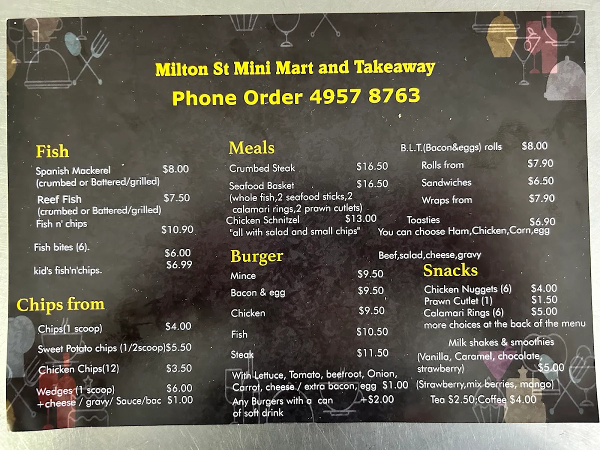 Menu, Milton Street Mini Mart & Takeaway