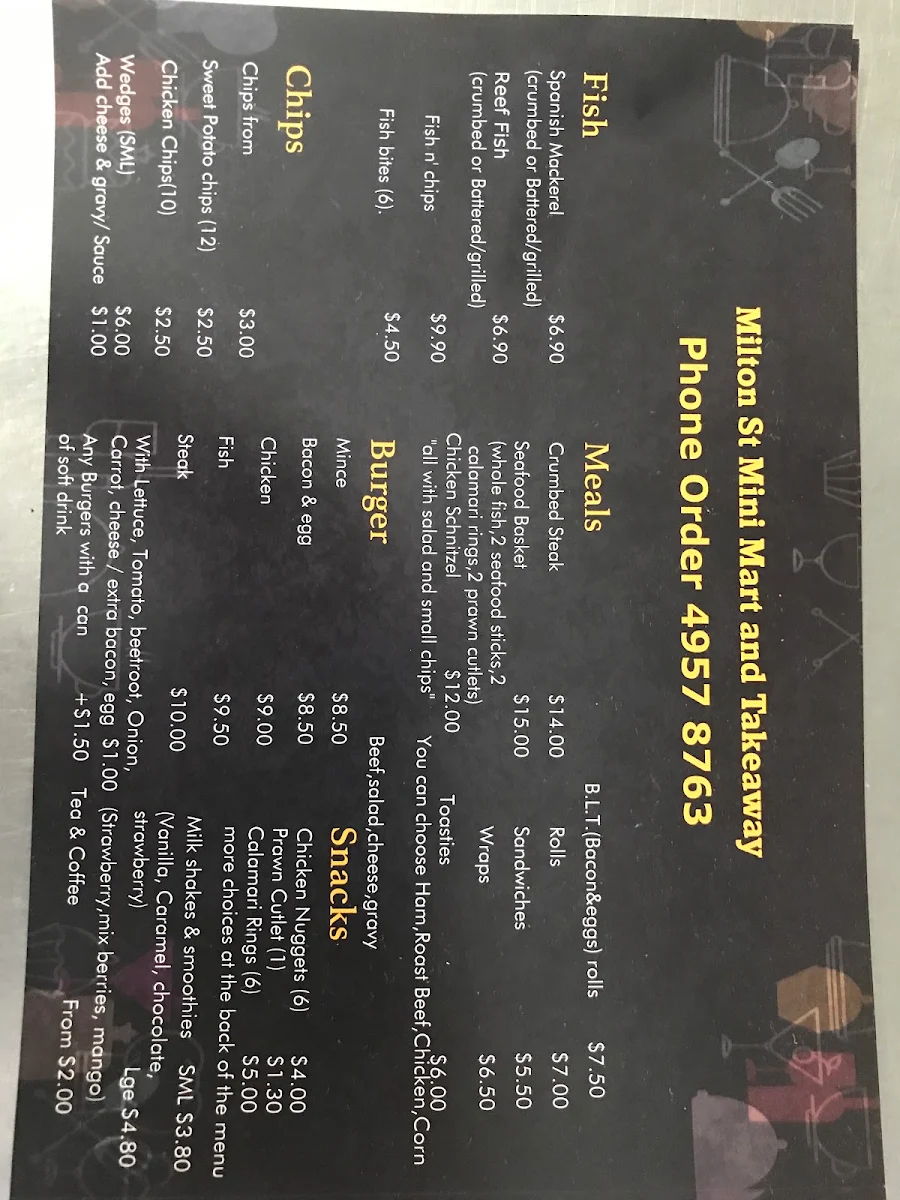 Menu, Milton Street Mini Mart & Takeaway