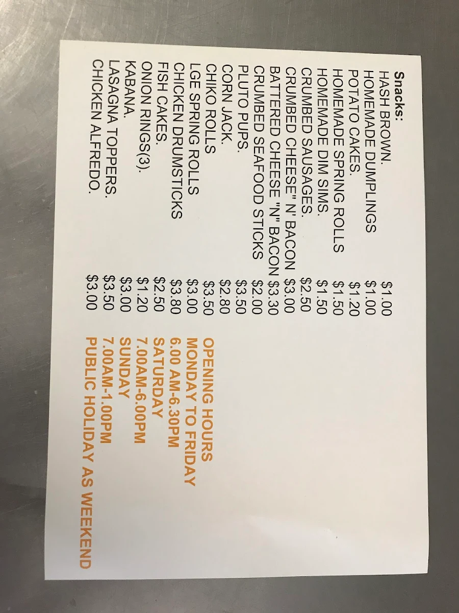 Menu, Milton Street Mini Mart & Takeaway
