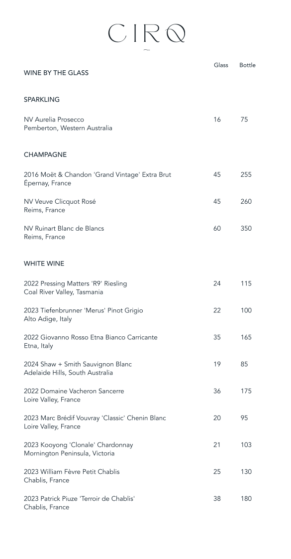 Menu, CIRQ Rooftop Bar & Lounge
