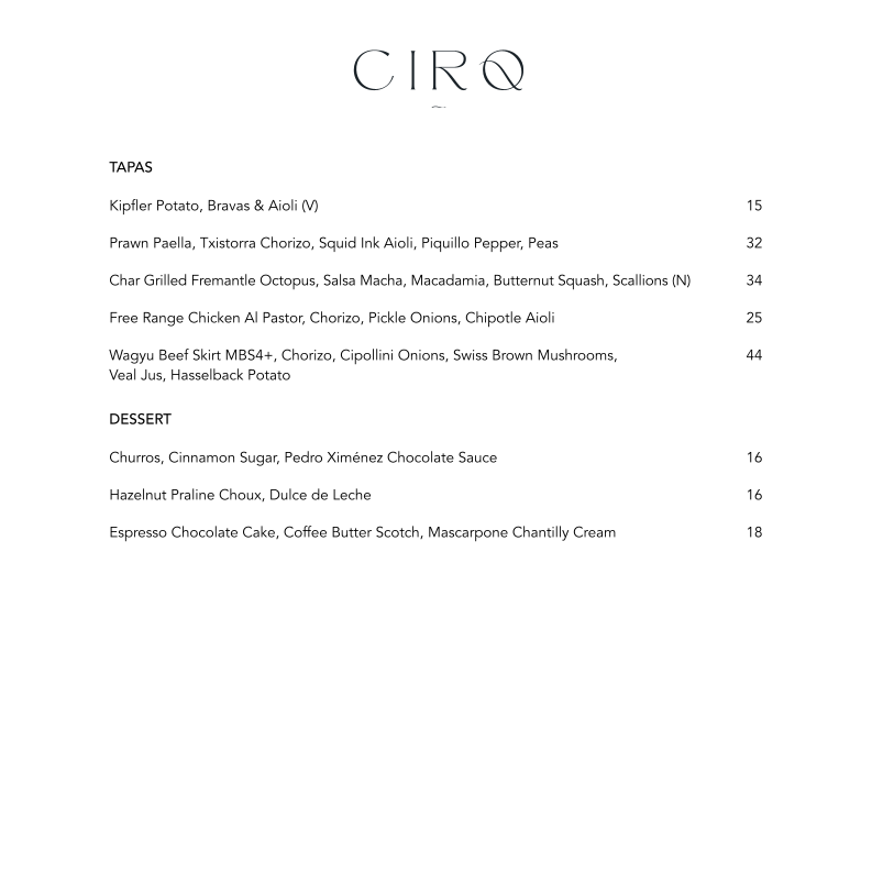Menu, CIRQ Rooftop Bar & Lounge