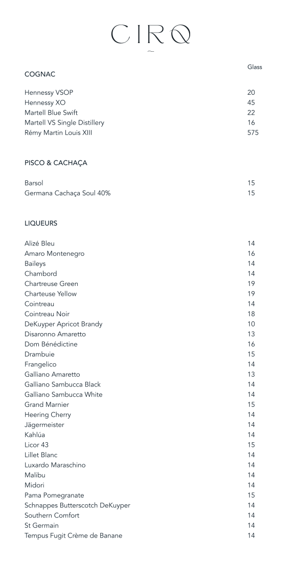 Menu, CIRQ Rooftop Bar & Lounge