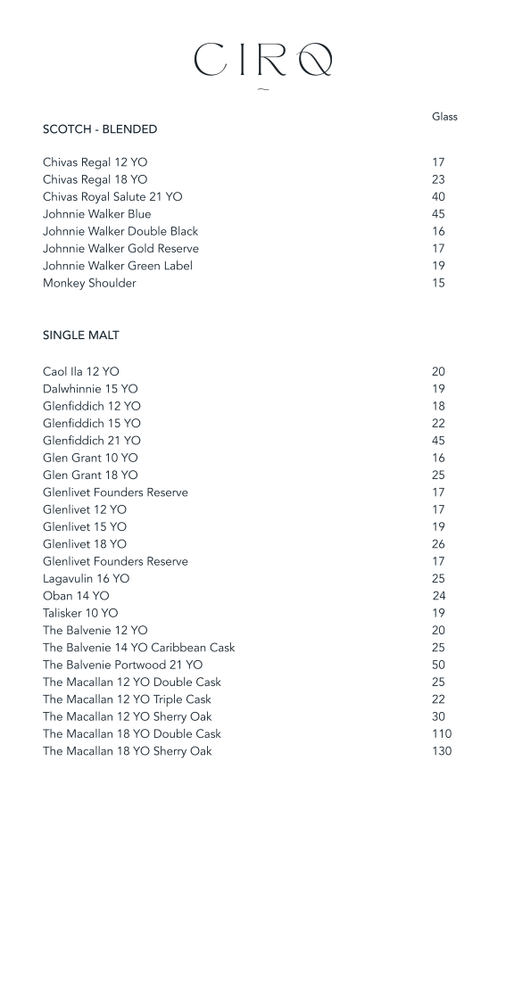 Menu, CIRQ Rooftop Bar & Lounge
