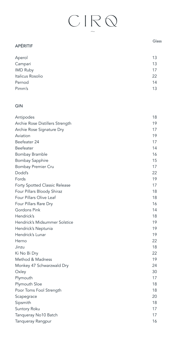 Menu, CIRQ Rooftop Bar & Lounge