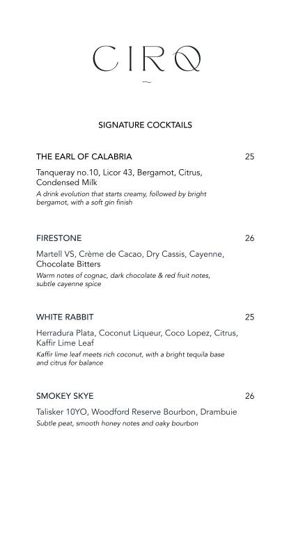 Menu, CIRQ Rooftop Bar & Lounge