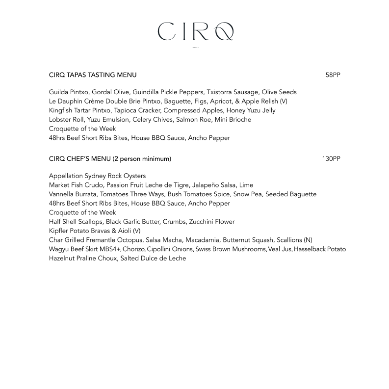 Menu, CIRQ Rooftop Bar & Lounge