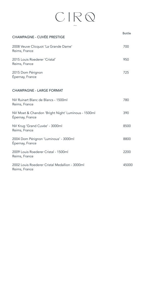 Menu, CIRQ Rooftop Bar & Lounge