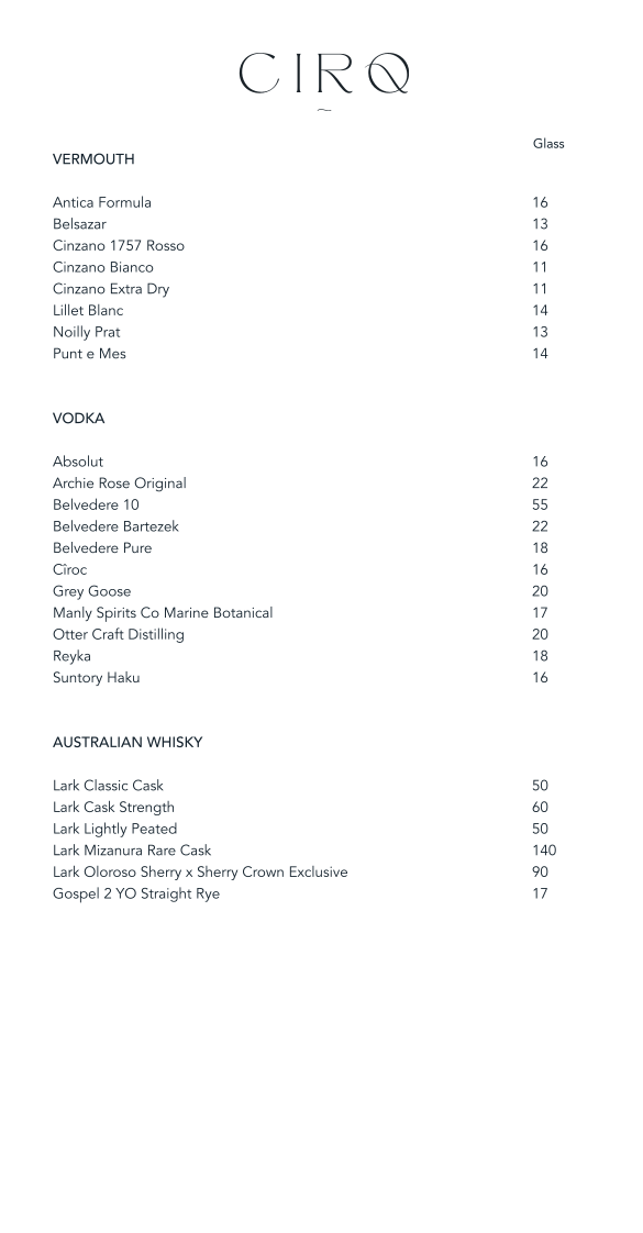 Menu, CIRQ Rooftop Bar & Lounge
