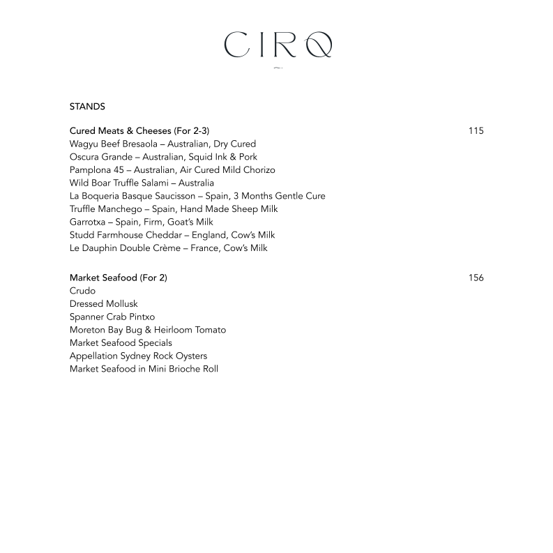 Menu, CIRQ Rooftop Bar & Lounge
