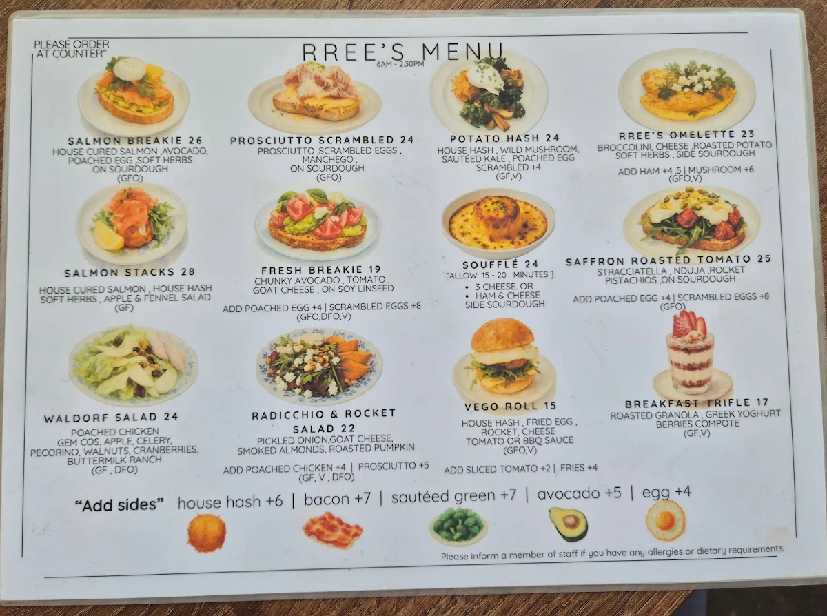 Menu, RREE’s cafe Balmain