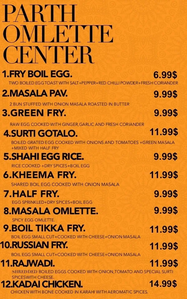 Menu, Parth Omelette Centre