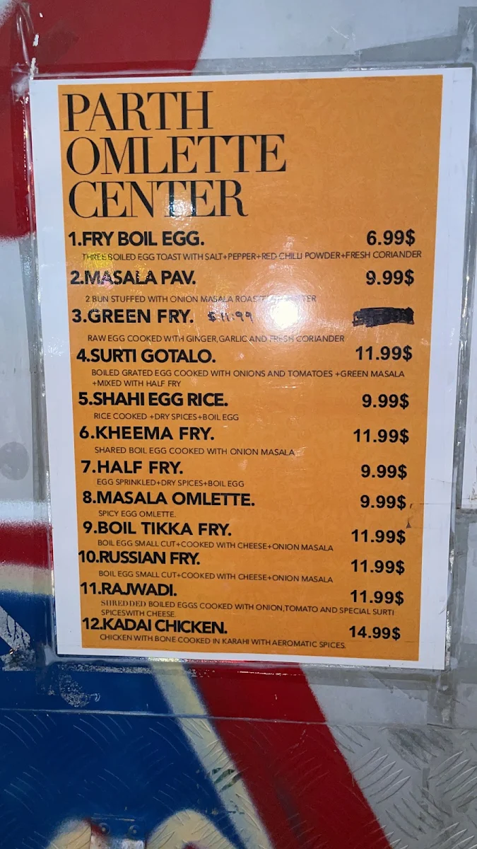Menu, Parth Omelette Centre