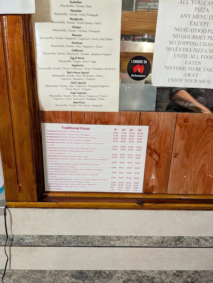 Menu, Toto's Pizzeria