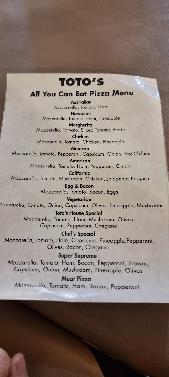 Menu, Toto's Pizzeria