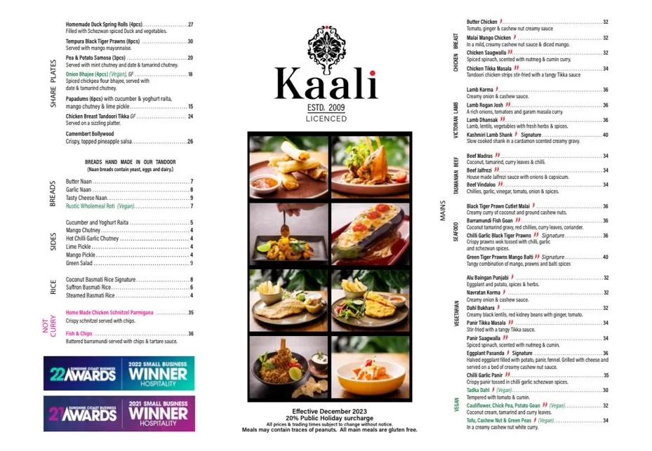 Menu, Kaali Restaurant - Restaurant in Hastings st, Noosa