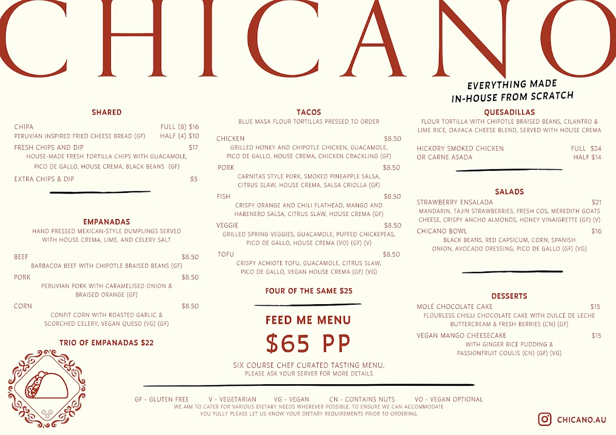 Menu, Chicano Taqueria