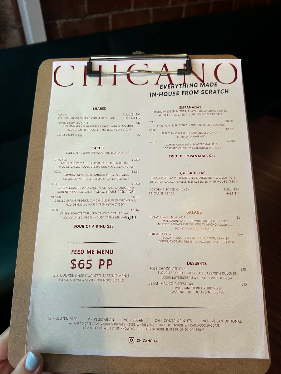Menu, Chicano Taqueria