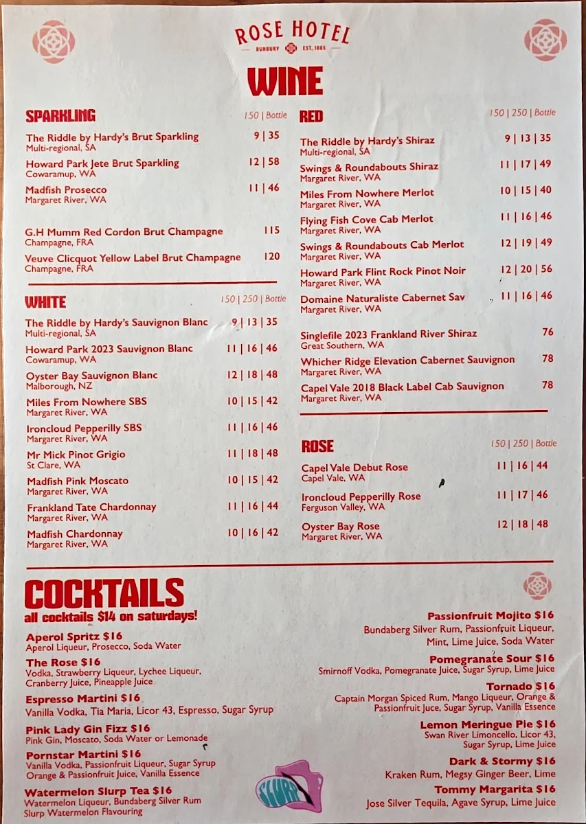 Menu, The Rose Hotel & Motel