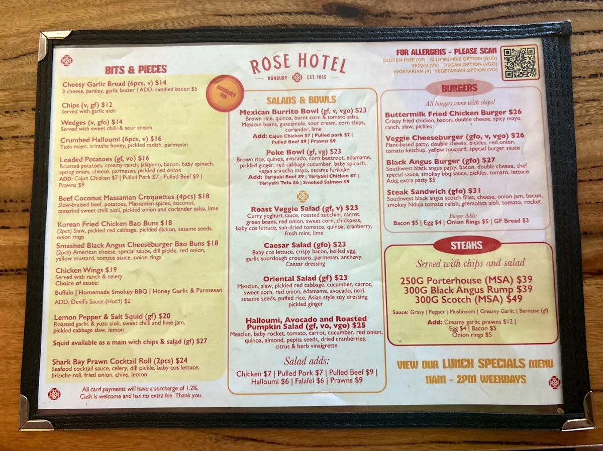 Menu, The Rose Hotel & Motel