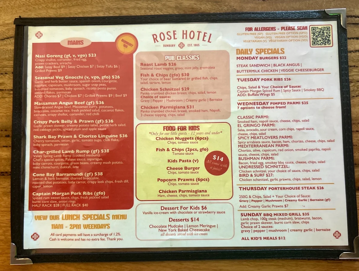 Menu, The Rose Hotel & Motel