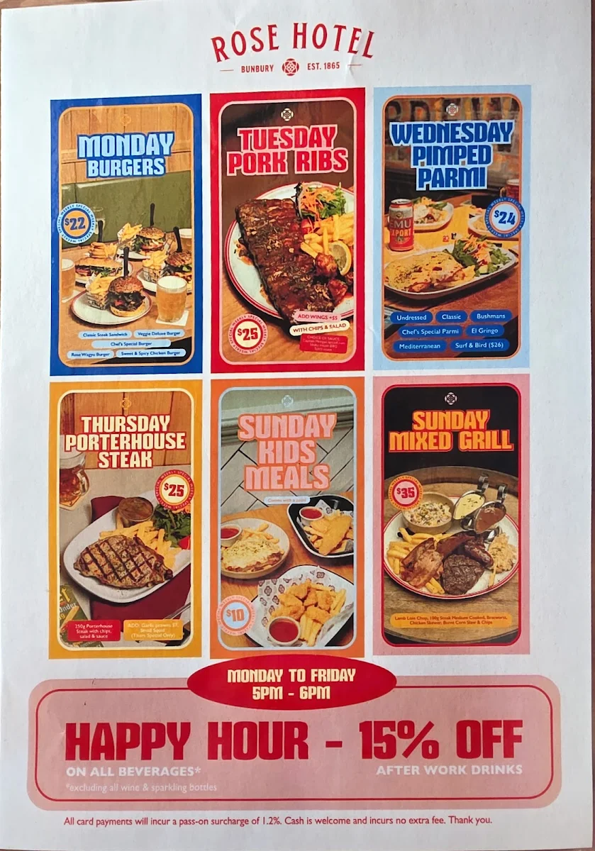 Menu, The Rose Hotel & Motel