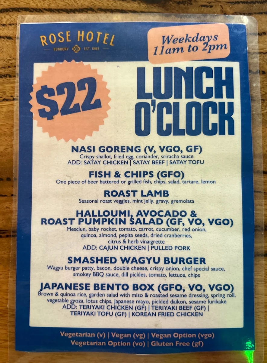 Menu, The Rose Hotel & Motel