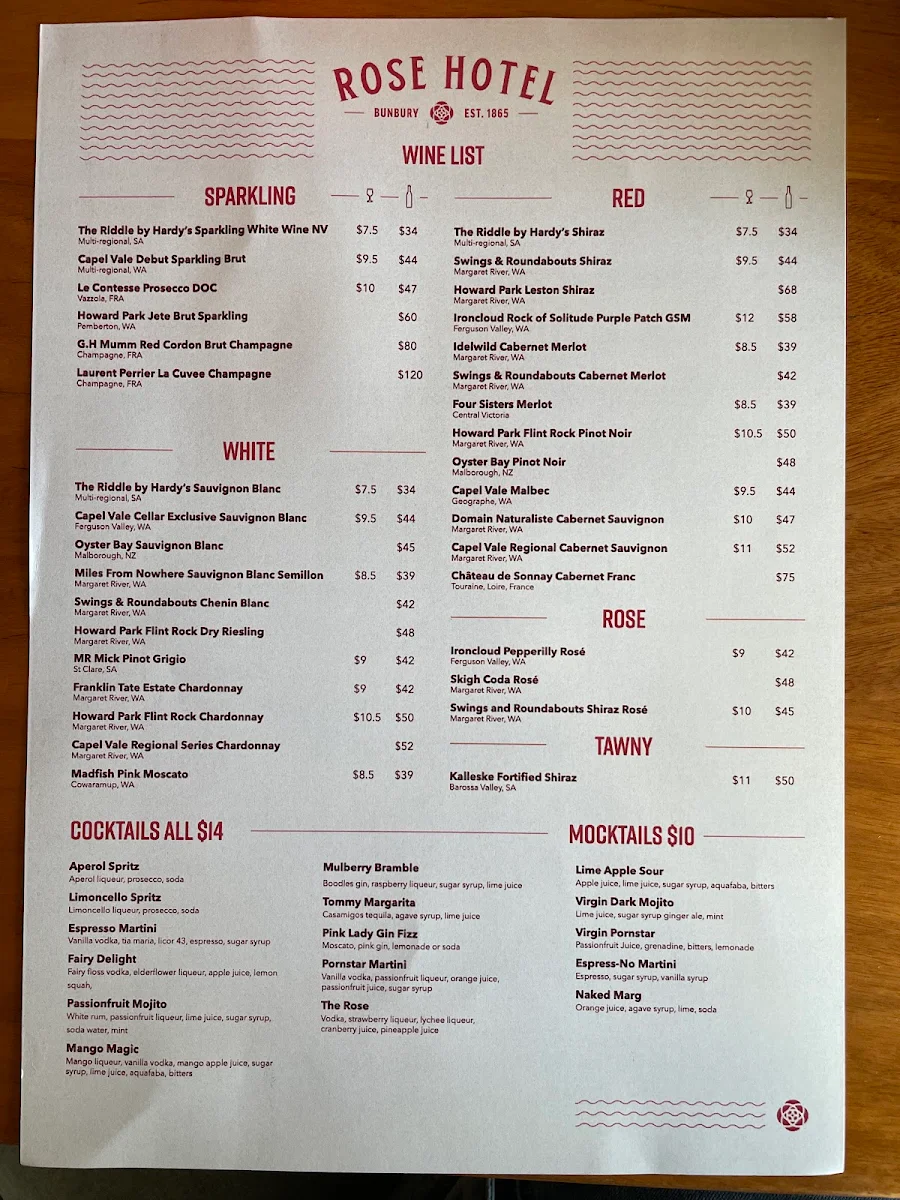 Menu, The Rose Hotel & Motel