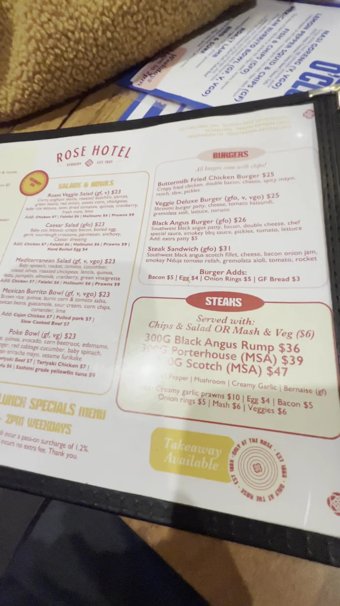 Menu, The Rose Hotel & Motel