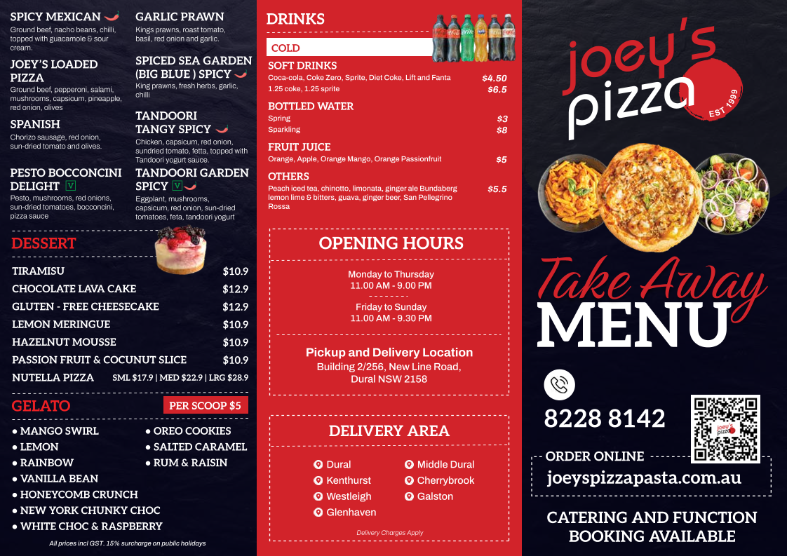 Menu, Joeys Pizza Pasta And Gelato