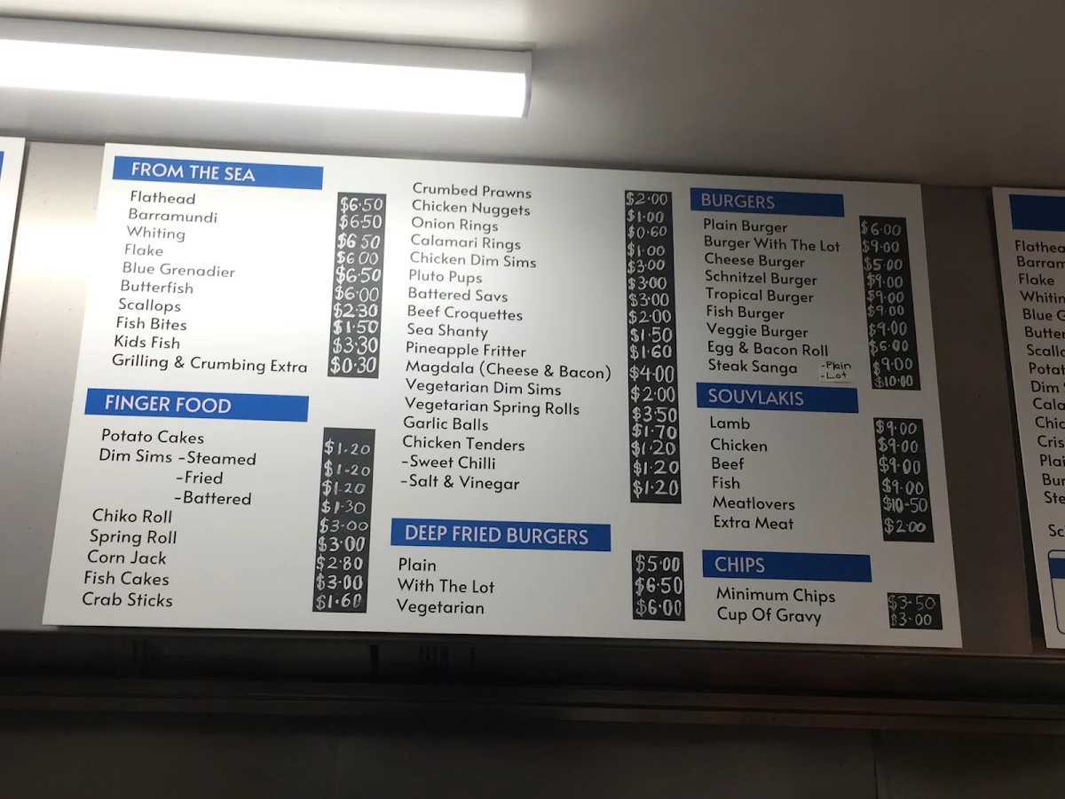 Menu, White Hills Fish Shop