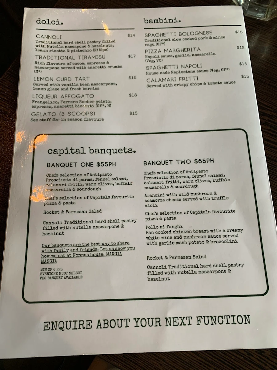 Menu, Capital Antipasti-Pizze-Vino