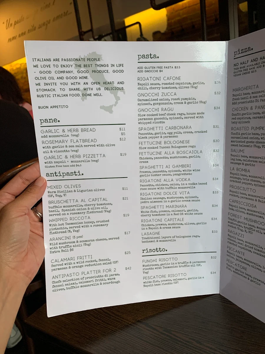 Menu, Capital Antipasti-Pizze-Vino