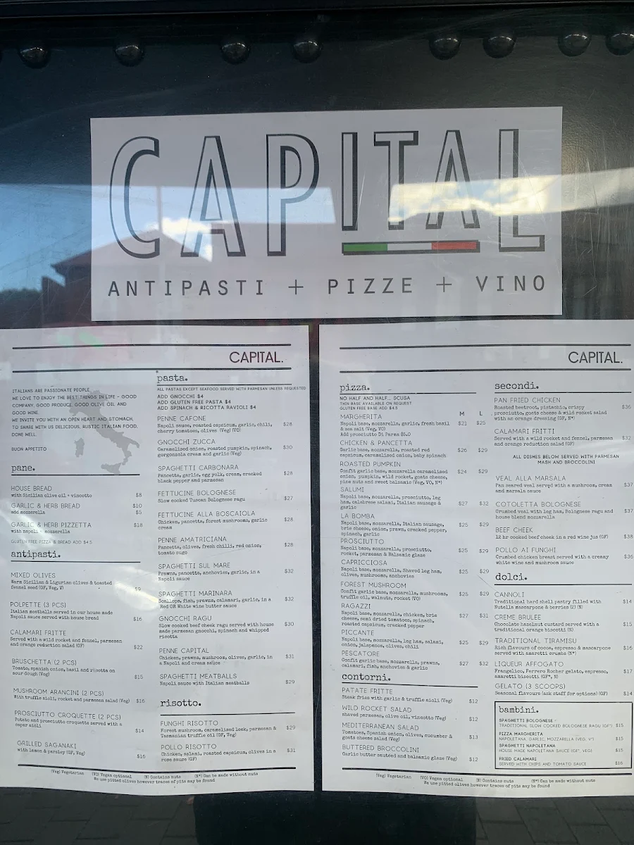 Menu, Capital Antipasti-Pizze-Vino