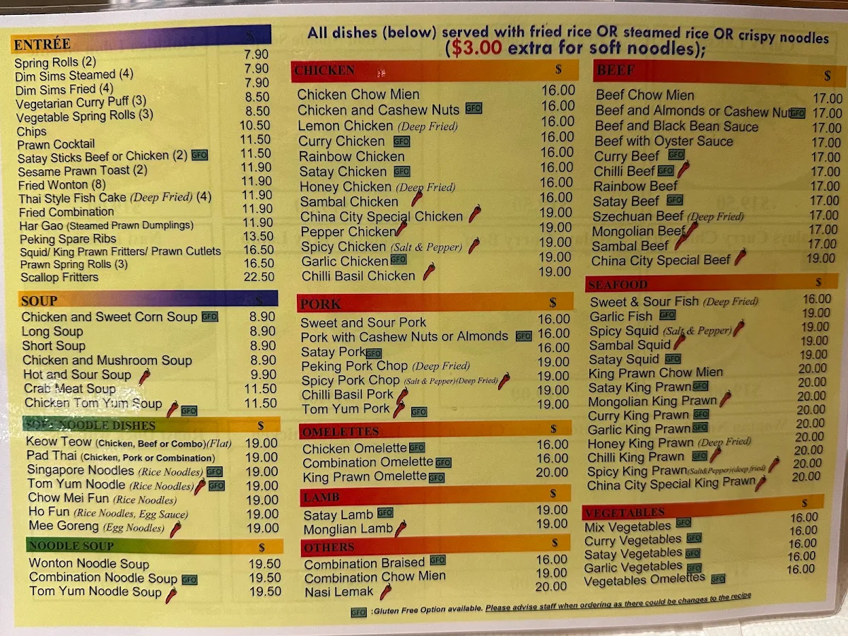 Menu, China City Garden Restaurant