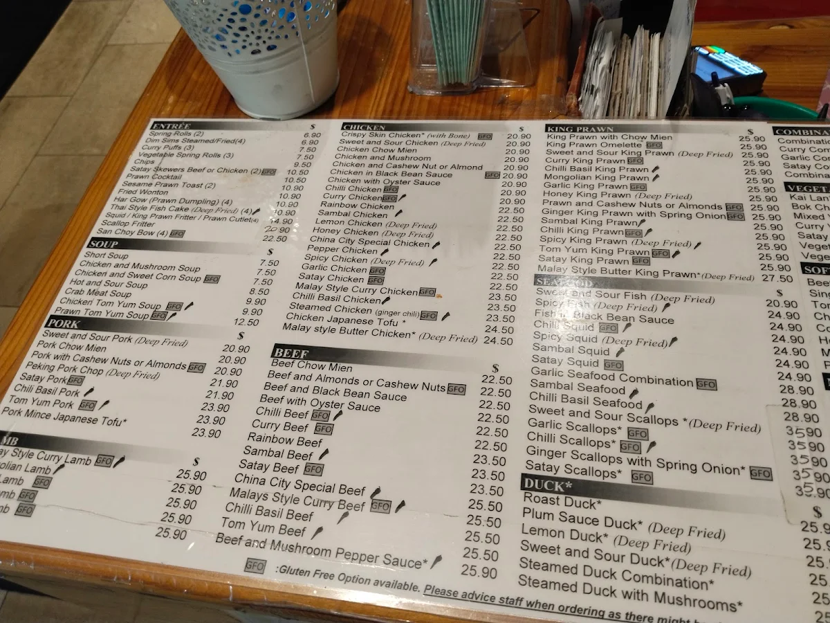 Menu, China City Garden Restaurant