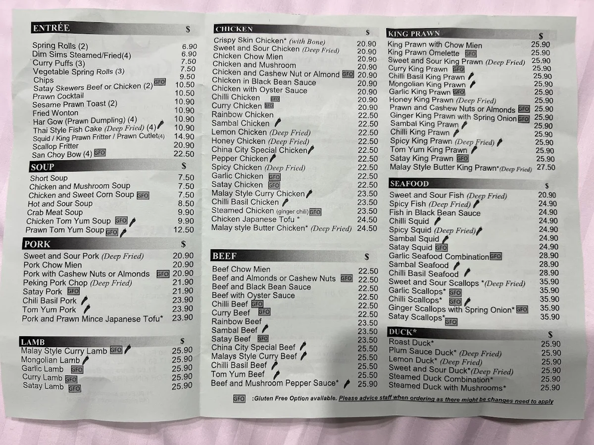 Menu, China City Garden Restaurant