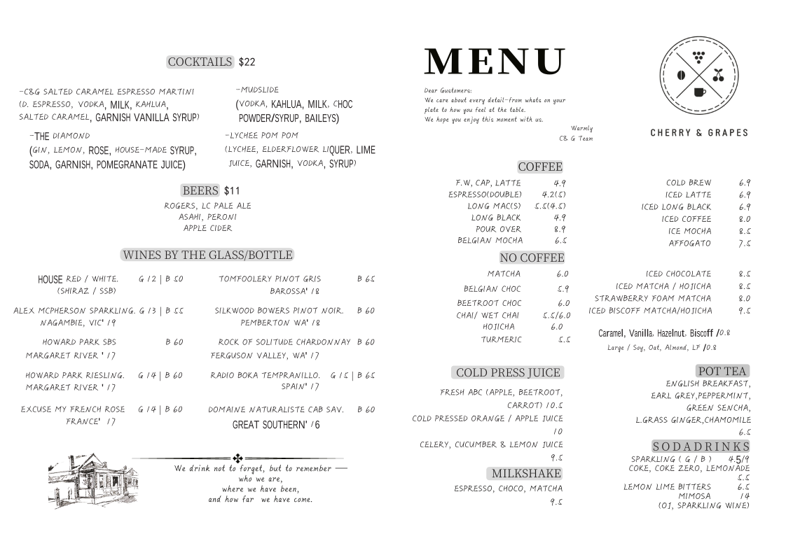 Menu, Cherry and Grapes