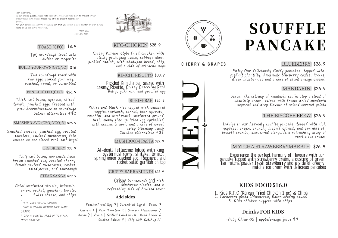 Menu, Cherry and Grapes
