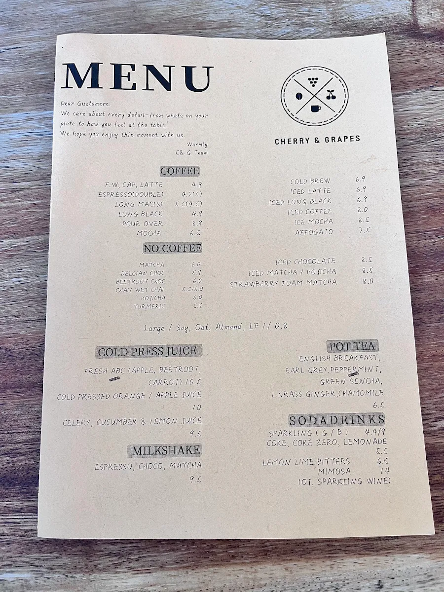 Menu, Cherry and Grapes