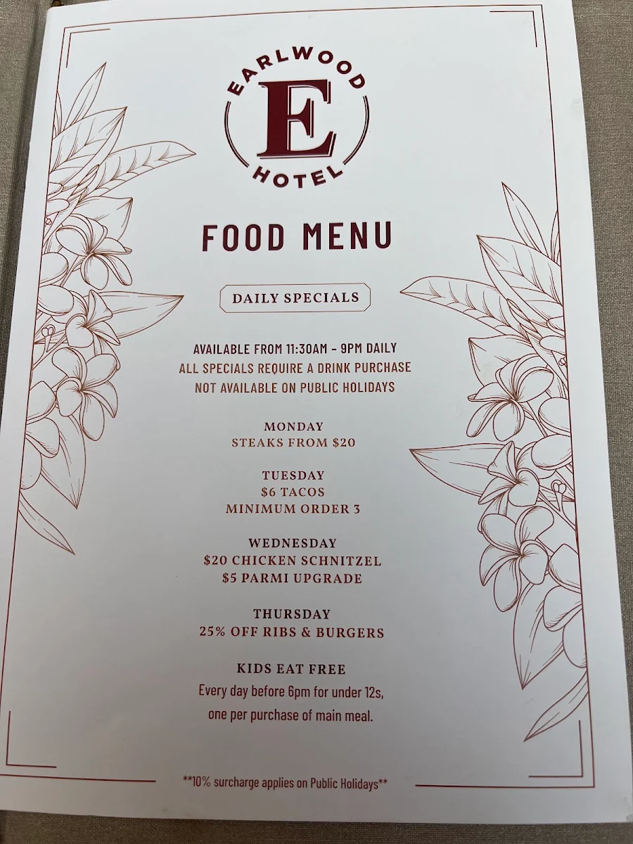 Menu, Earlwood Hotel