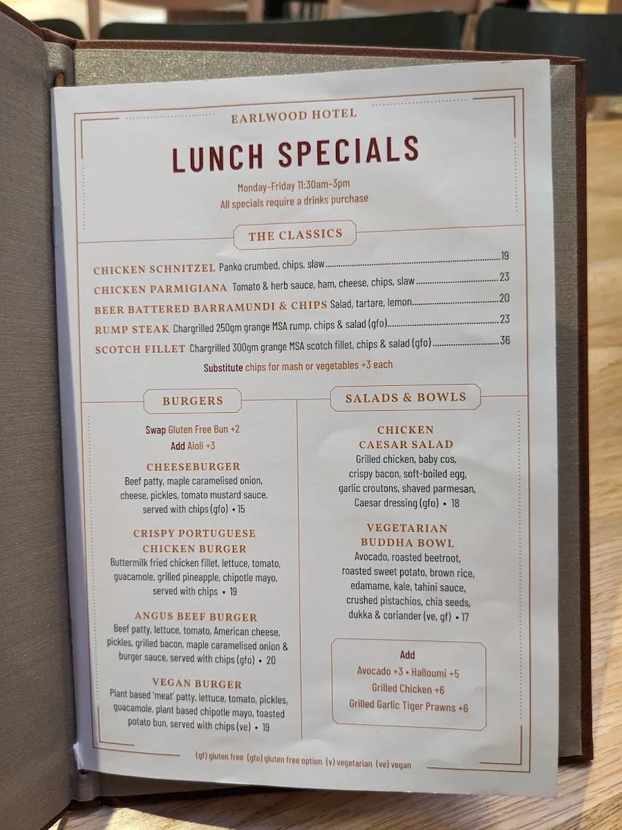 Menu, Earlwood Hotel