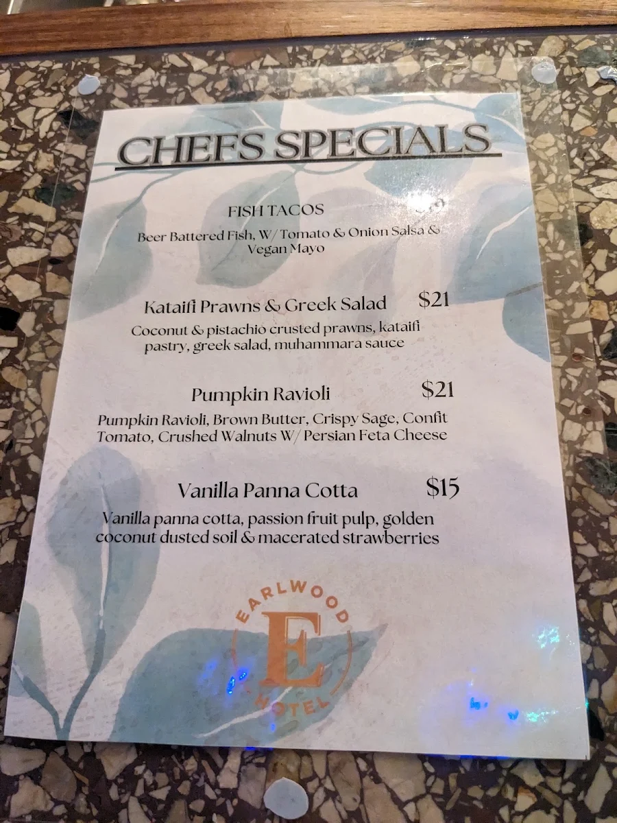 Menu, Earlwood Hotel