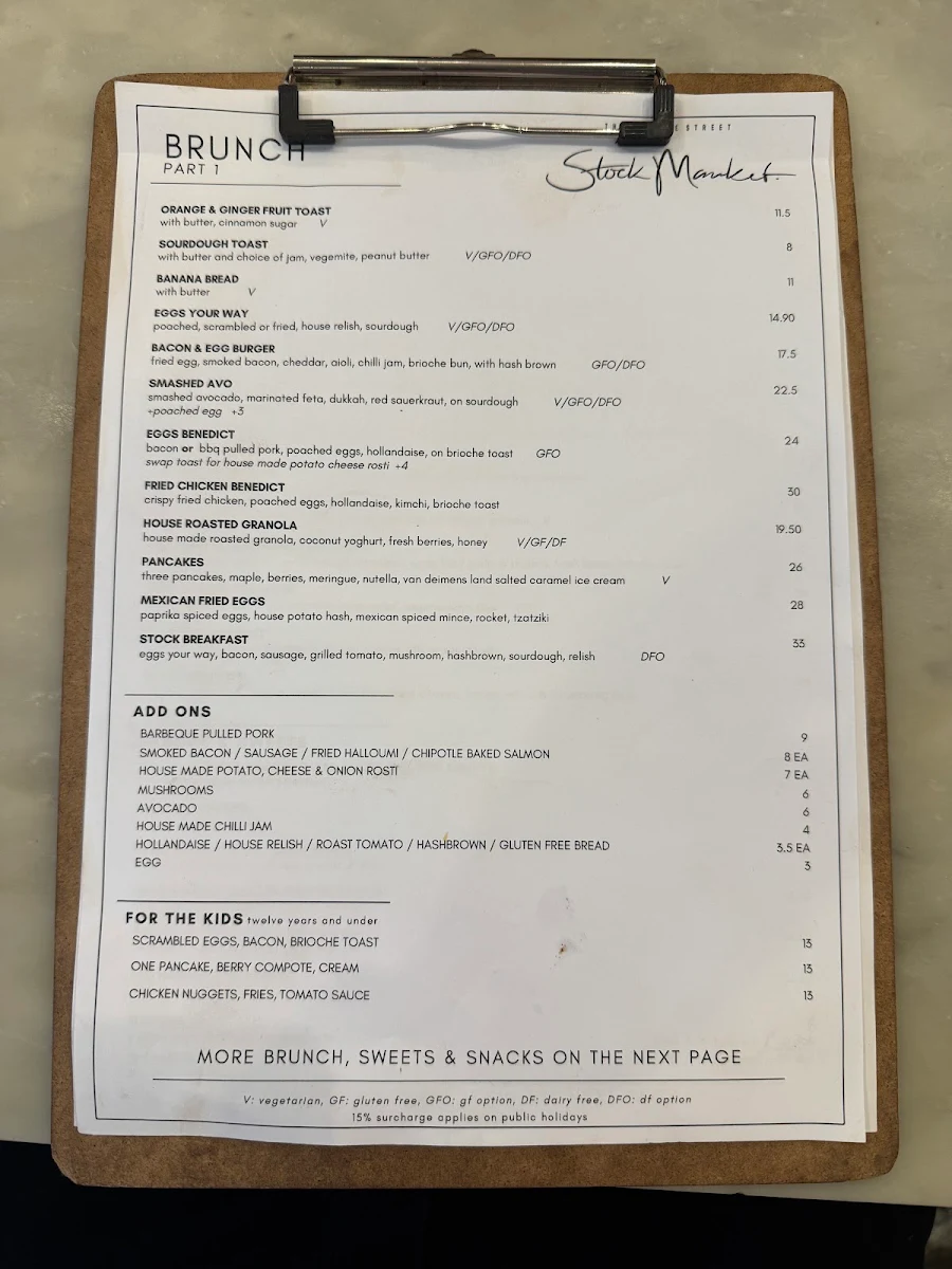 Menu, Stock Market Cafe