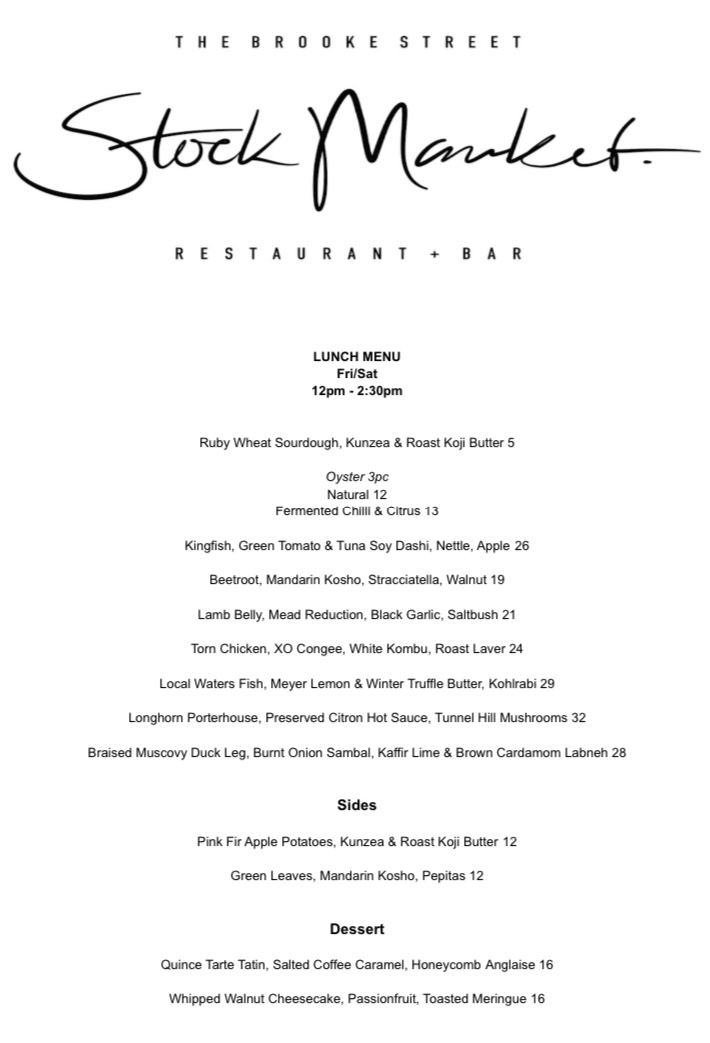 Menu, Stock Market Cafe