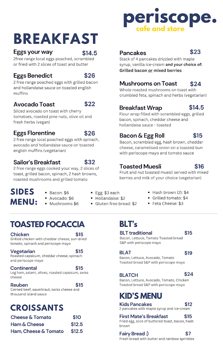 Menu, Periscope Cafe